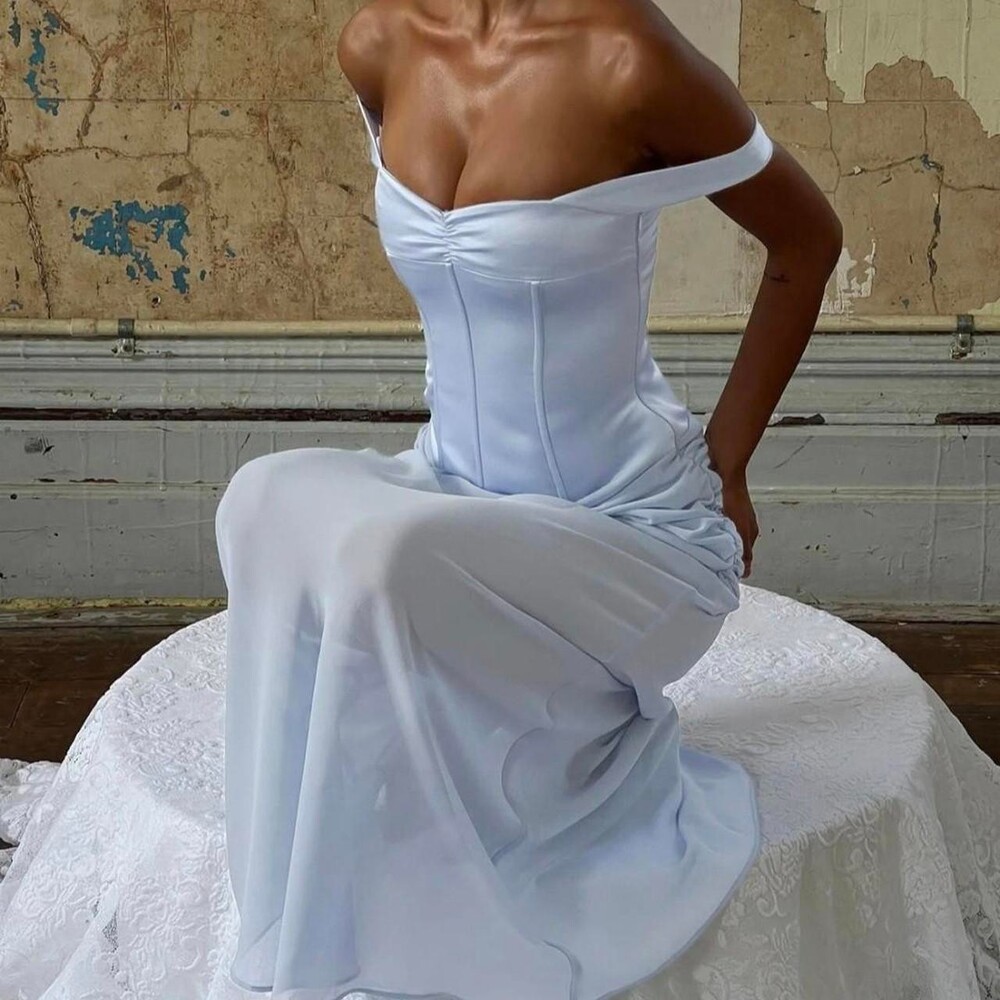 Princess Polly Angiola Corset Off Shoulder Baby Blue Maxi Dress SIZE 0 Princess